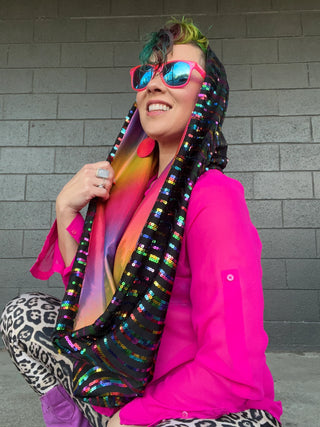 GLAM Infinity Scarf Black Spandex Rainbow Sequins & Holographic Rainbow Lining