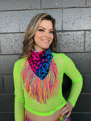 Reversible Rainbow leopard / Holographic Zebra GLAMdana with Neon Rainbow Fringe