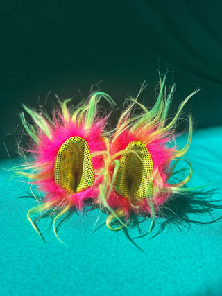 Neon Watermelon & Lime Green Shattered Glass Furry Clip-On Ears