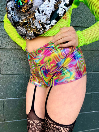 BOOTY SHORTS Holographic Psychedelic Rainbow Wide Waistband