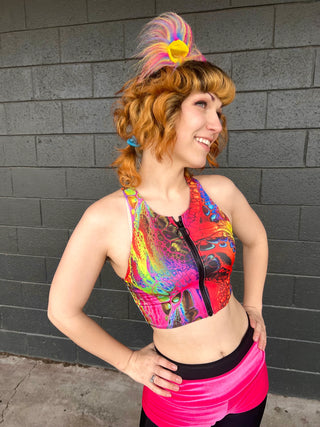 Rainbow Drippy Paint Racerback Zipper Crop Tank Top | Festival Rave Top