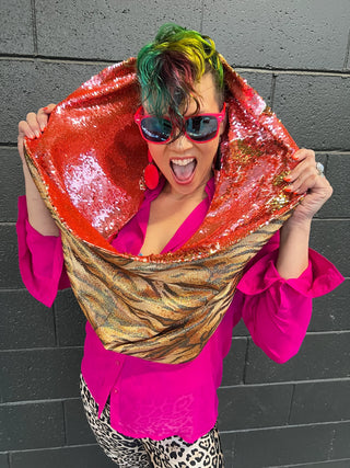 REVERSABLE GLAM Infinity Scarf hood Peach Gold Reversible Sequins & Holographic Gold Tiger Lining